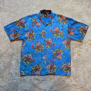 Ringo Sport Dragon Print Shirt Mens XL Blue Short Sleeve Button Down Streetwear